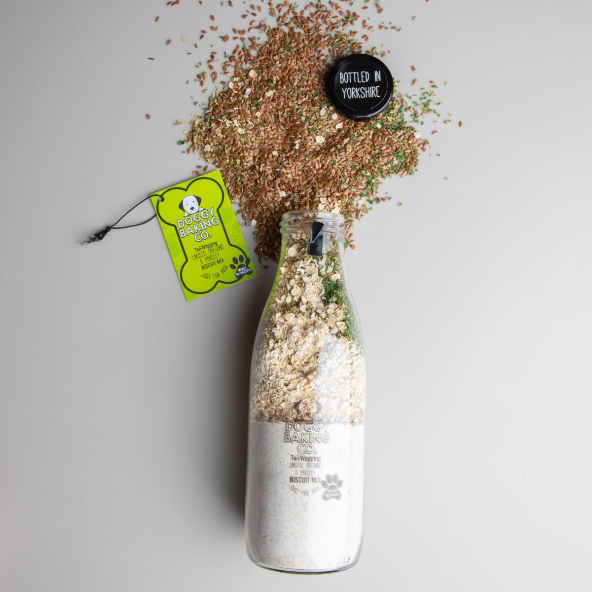 Tail-Wagging Linseed, Oregano & Parsley Doggy Biscuit Baking Mix in a Bottle - Doggy Baking Co by The Bottled Baking Co