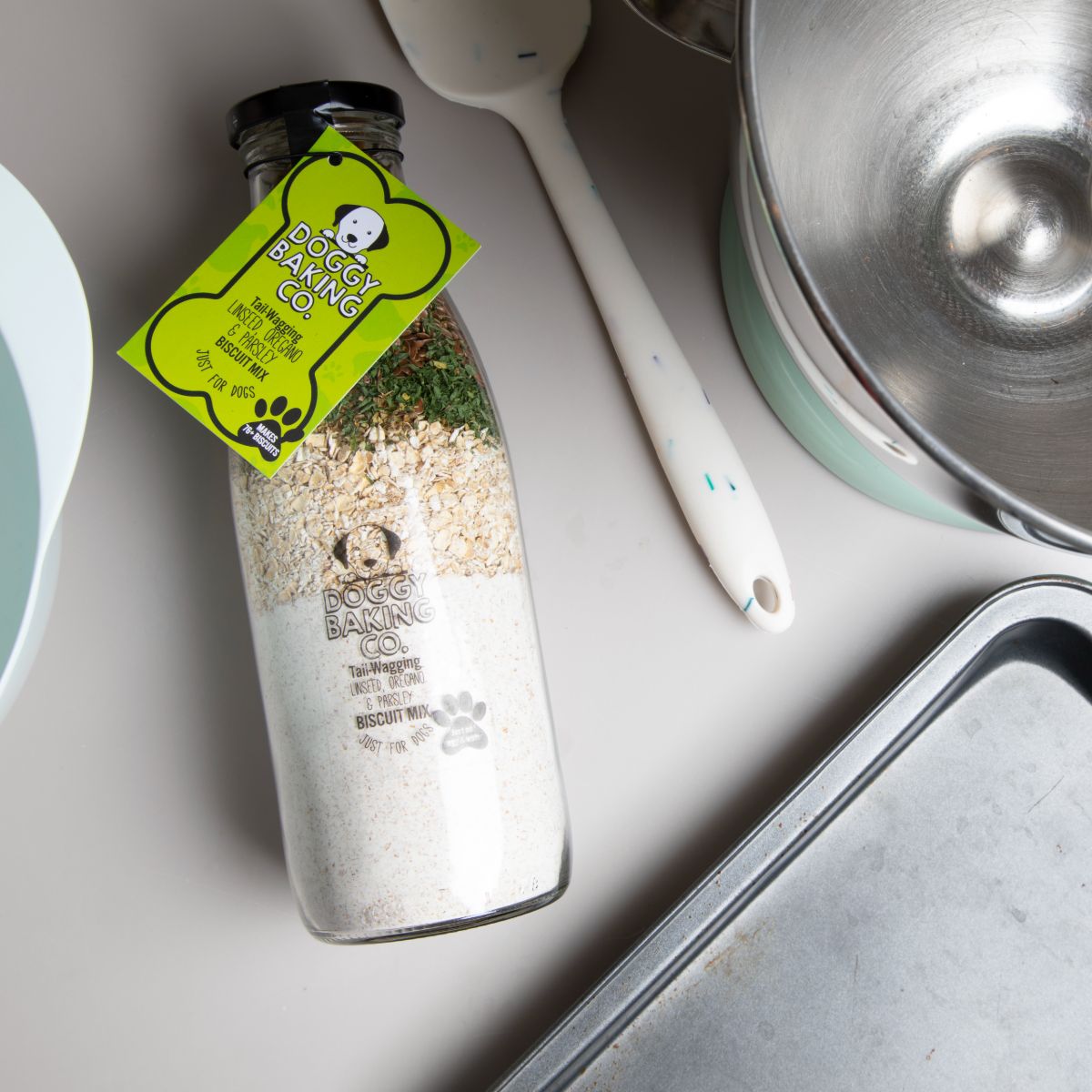 Linseed, Oregano & Parsley Doggy Biscuit Baking Mix & Olivewood Dog Chew - Doggy Baking Co by The Bottled Baking Co