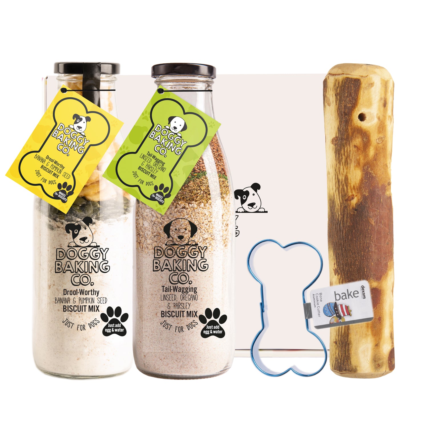 Two Biscuit Bottles, Bone Cutter & Olivewood Chew in a Gift Box - Doggy Baking Co by The Bottled Baking Co