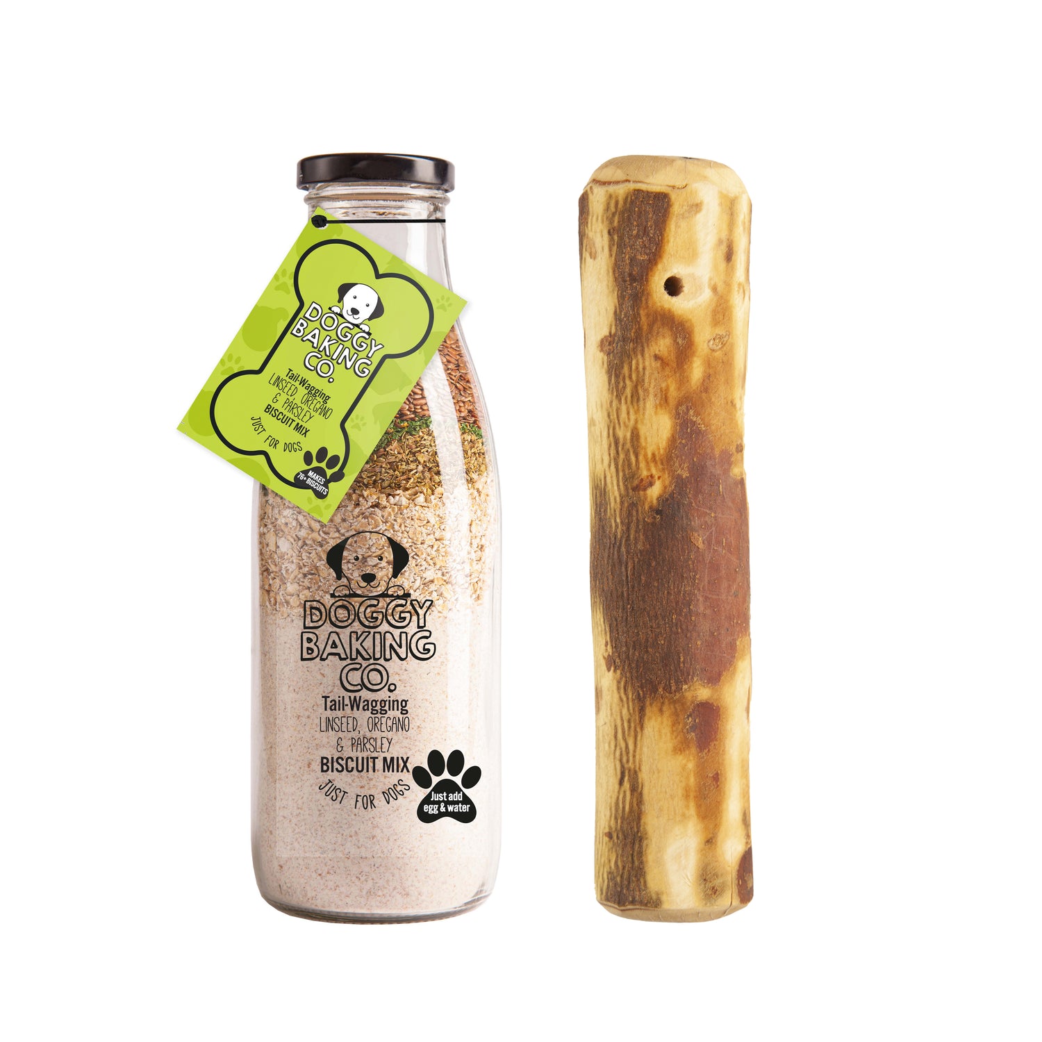 Linseed, Oregano & Parsley Doggy Biscuit Baking Mix & Olivewood Dog Chew - Doggy Baking Co by The Bottled Baking Co