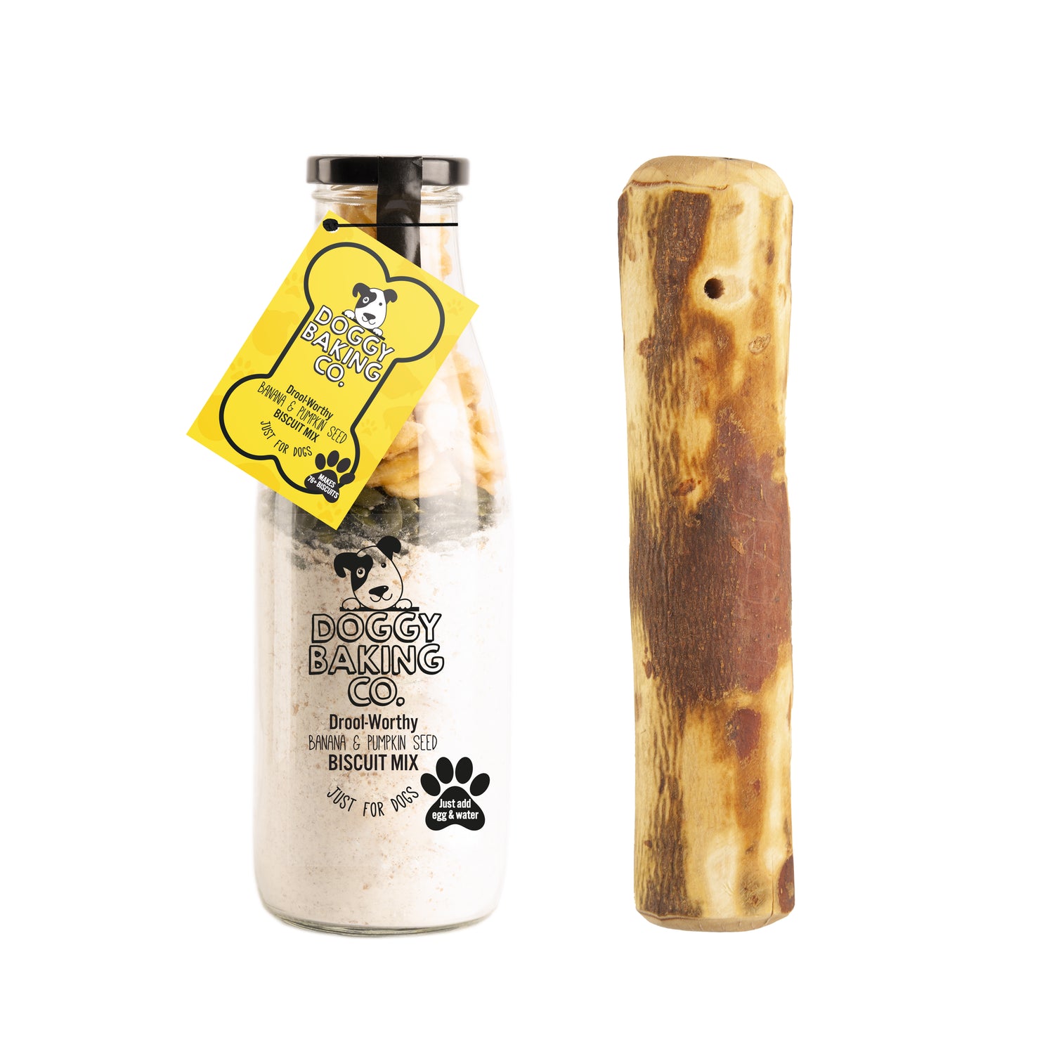 Pumpkin Seed & Banana Biscuit Mix & Large Olivewood Chew - Doggy Baking Co by The Bottled Baking Co