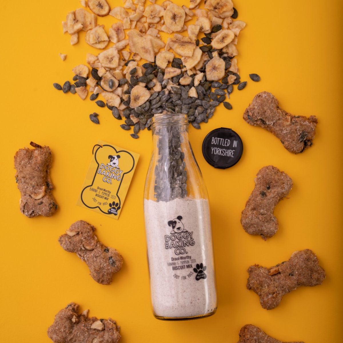 Pumpkin Seed & Banana Biscuit Mix, Banana Toy & Olivewood Gift Box - Doggy Baking Co by The Bottled Baking Co